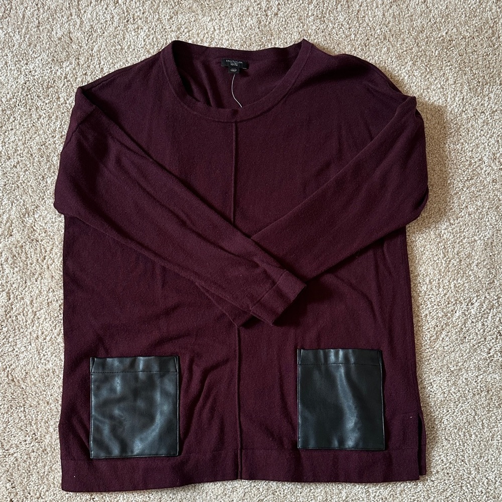 Ann Taylor Maroon Sweater with Black vegan leather Pockets